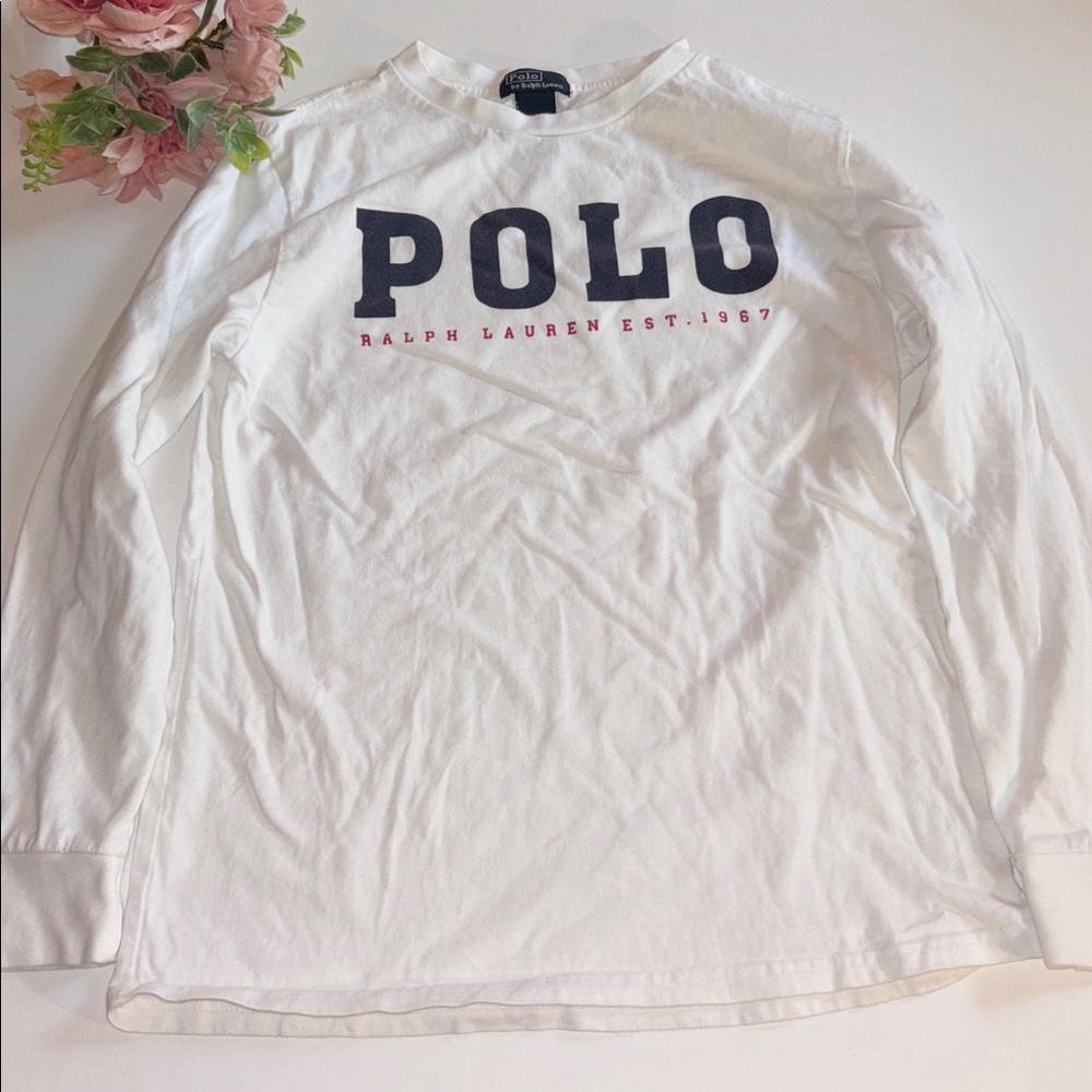 Ralph Lauren White Polo Shirt Boys Long Sleeve White POLO Logo T Shirt Large - Picture 5 of 17